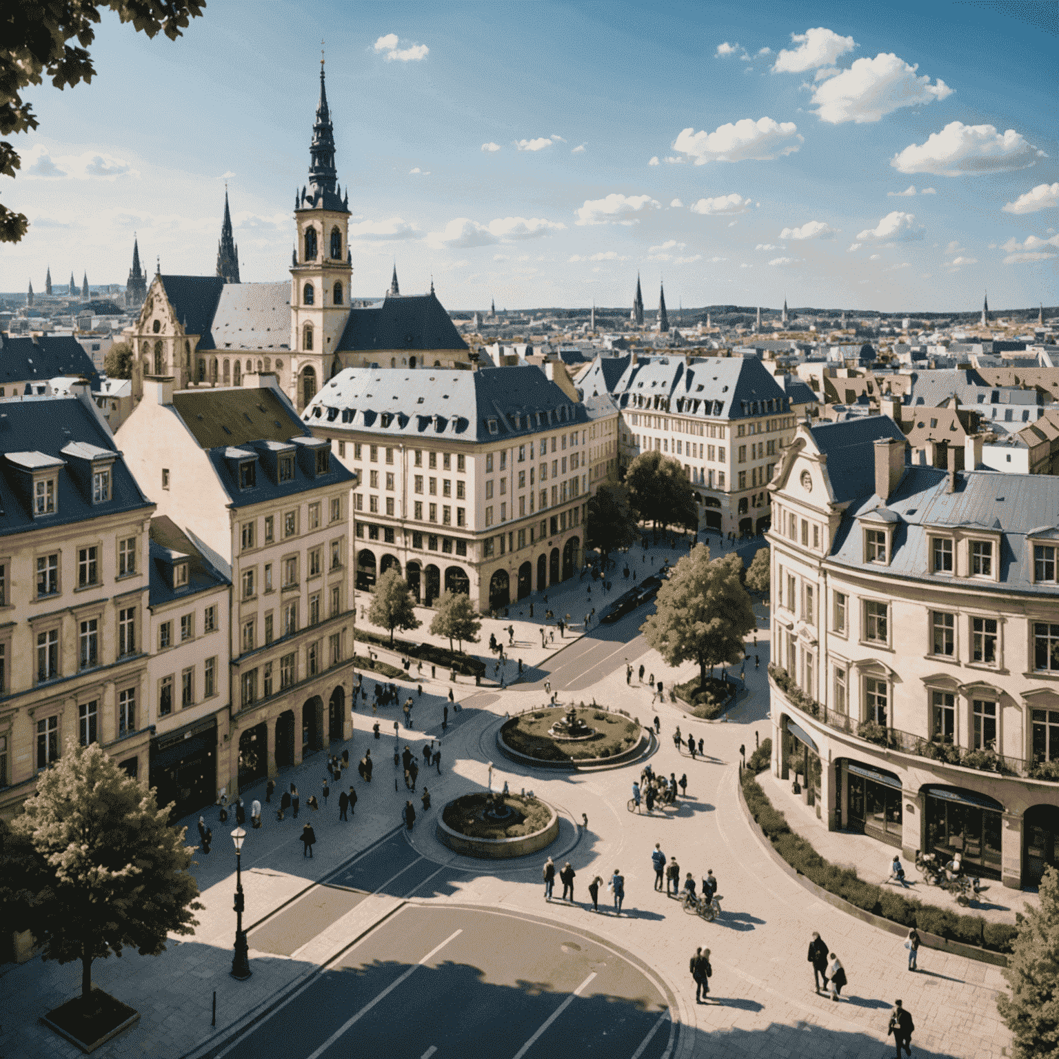 Panorama europejskiego miasta z nowoczesnymi budynkami, kawiarniami i parkami, idealne dla cyfrowych nomadów