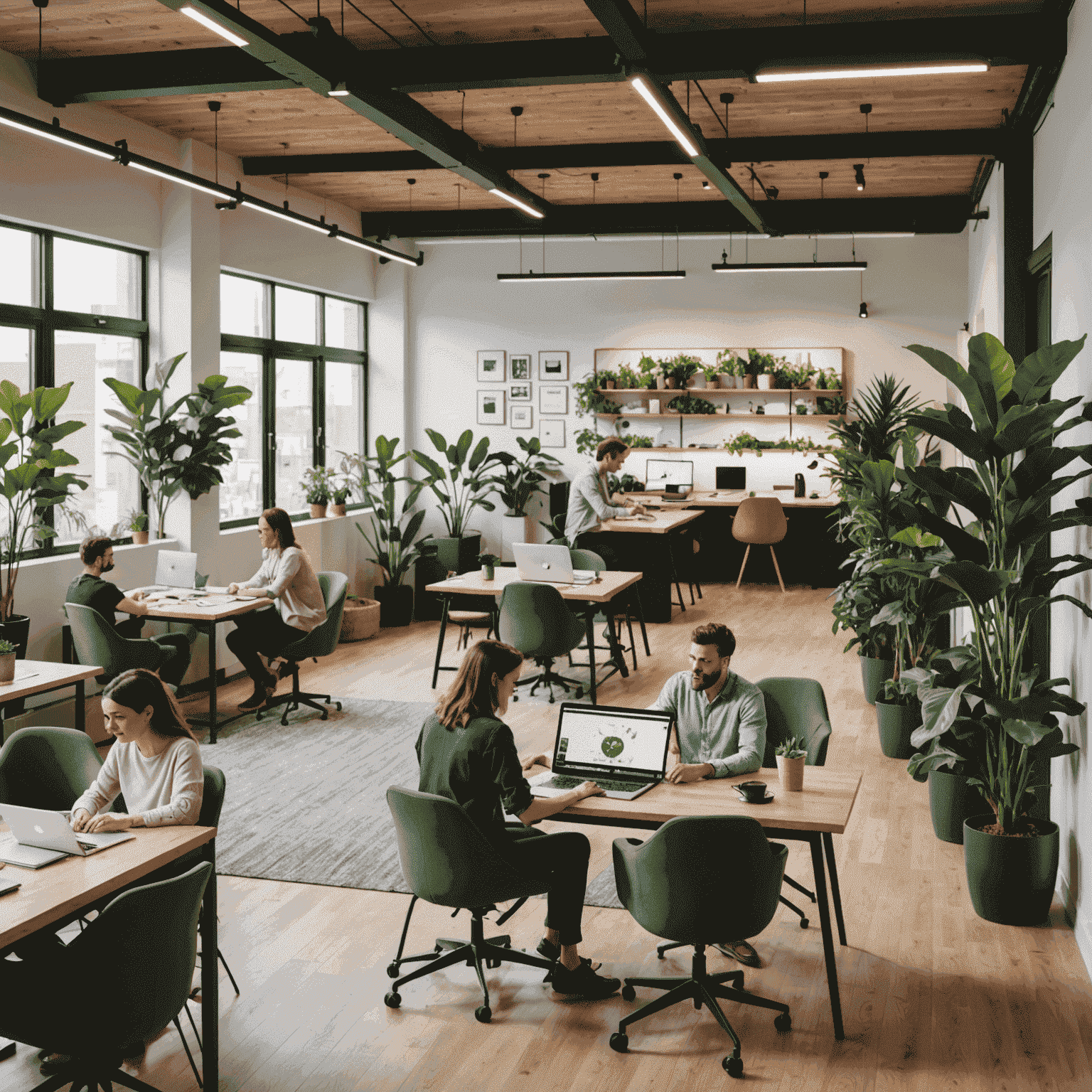 Nowoczesna przestrzeń coworkingowa z otwartym planem, ludźmi pracującymi na laptopach, wygodnymi fotelami i zielonymi roślinami