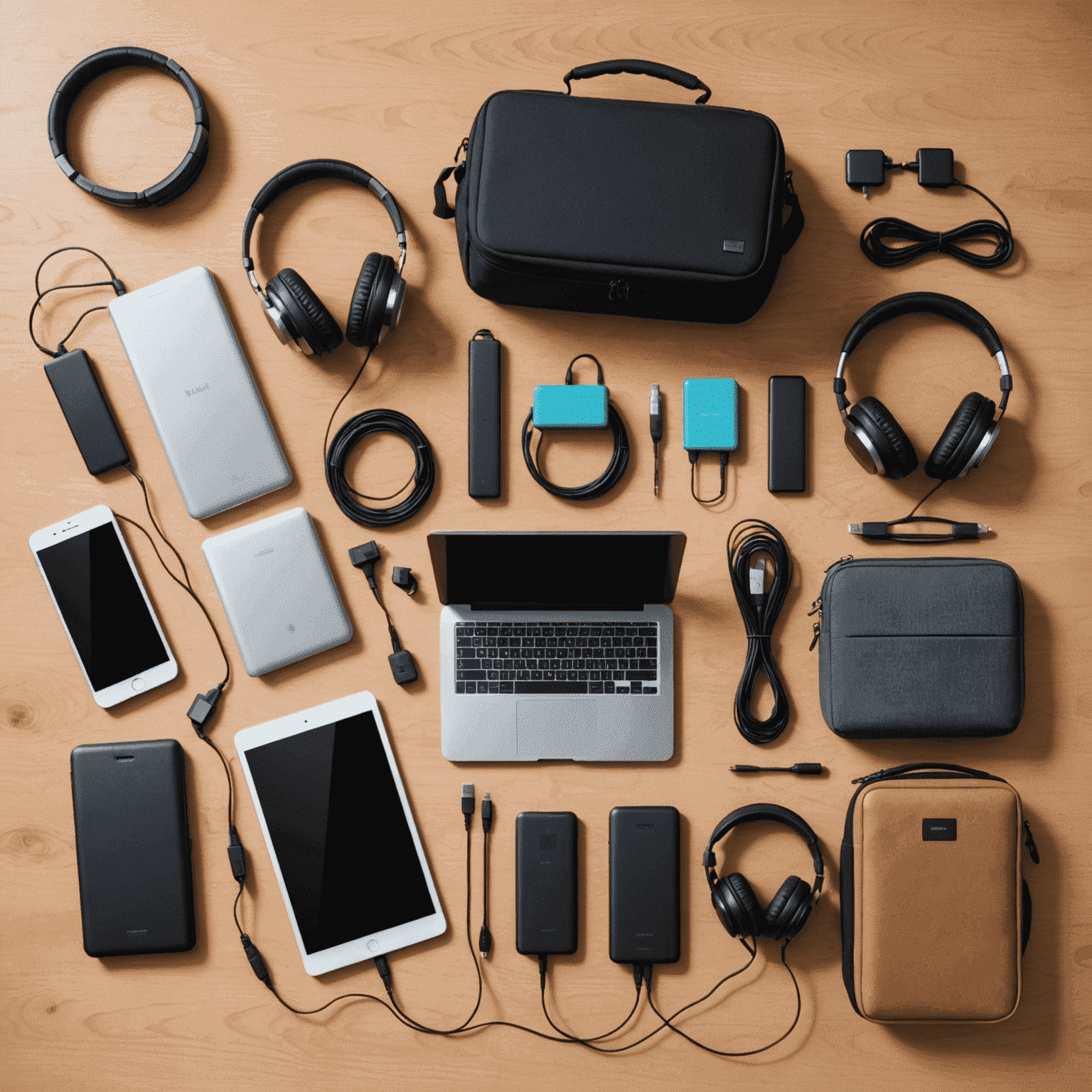 Zestaw nowoczesnych gadżetów i narzędzi dla cyfrowych nomadów, w tym laptop, smartfon, powerbank i bezprzewodowe słuchawki