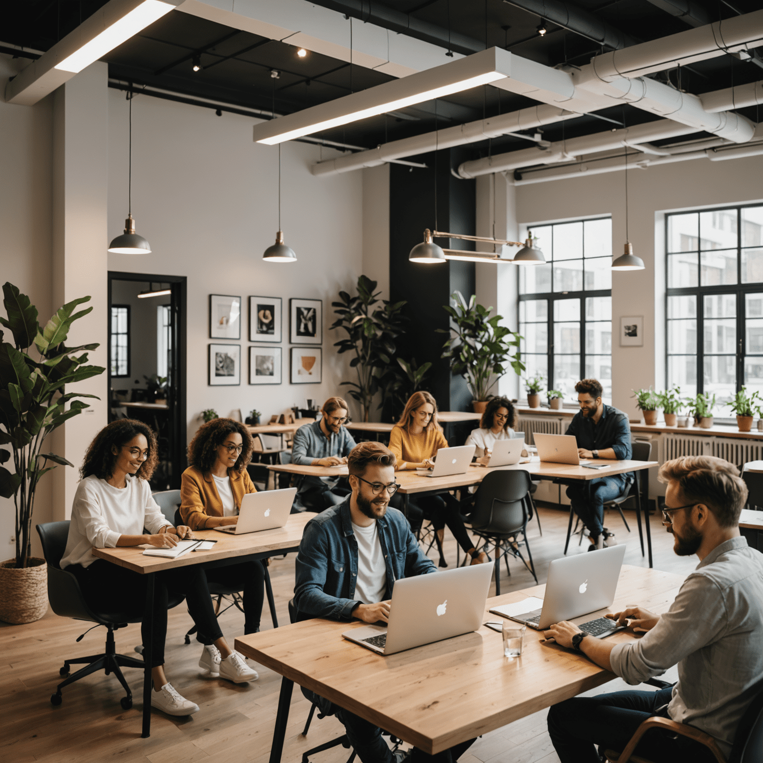 Nowoczesna przestrzeń coworkingowa z ludźmi pracującymi na laptopach