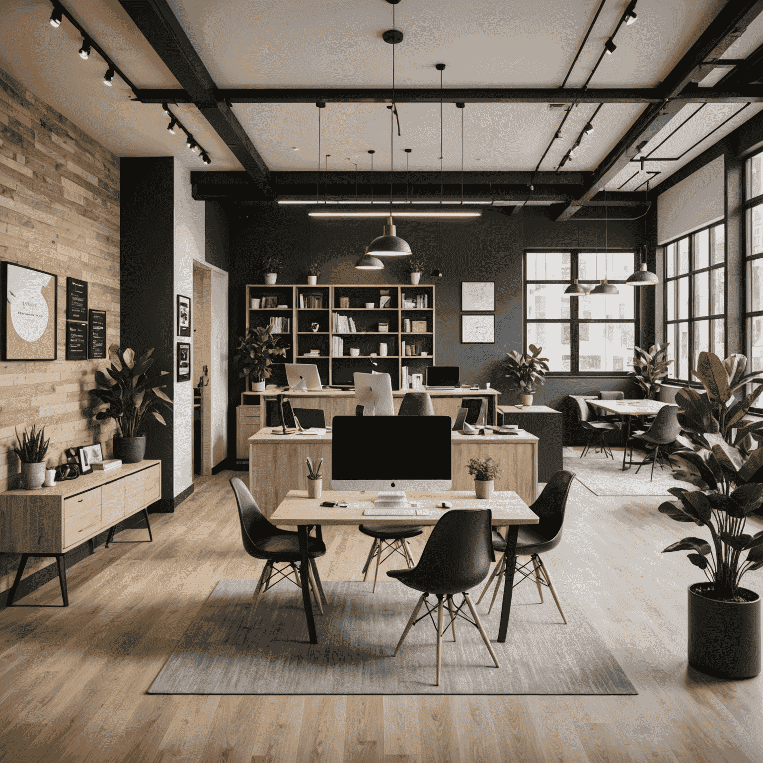 Nowoczesna przestrzeń coworkingowa z innowacyjnym designem, strefami do pracy i relaksu, oraz zaawansowaną technologią