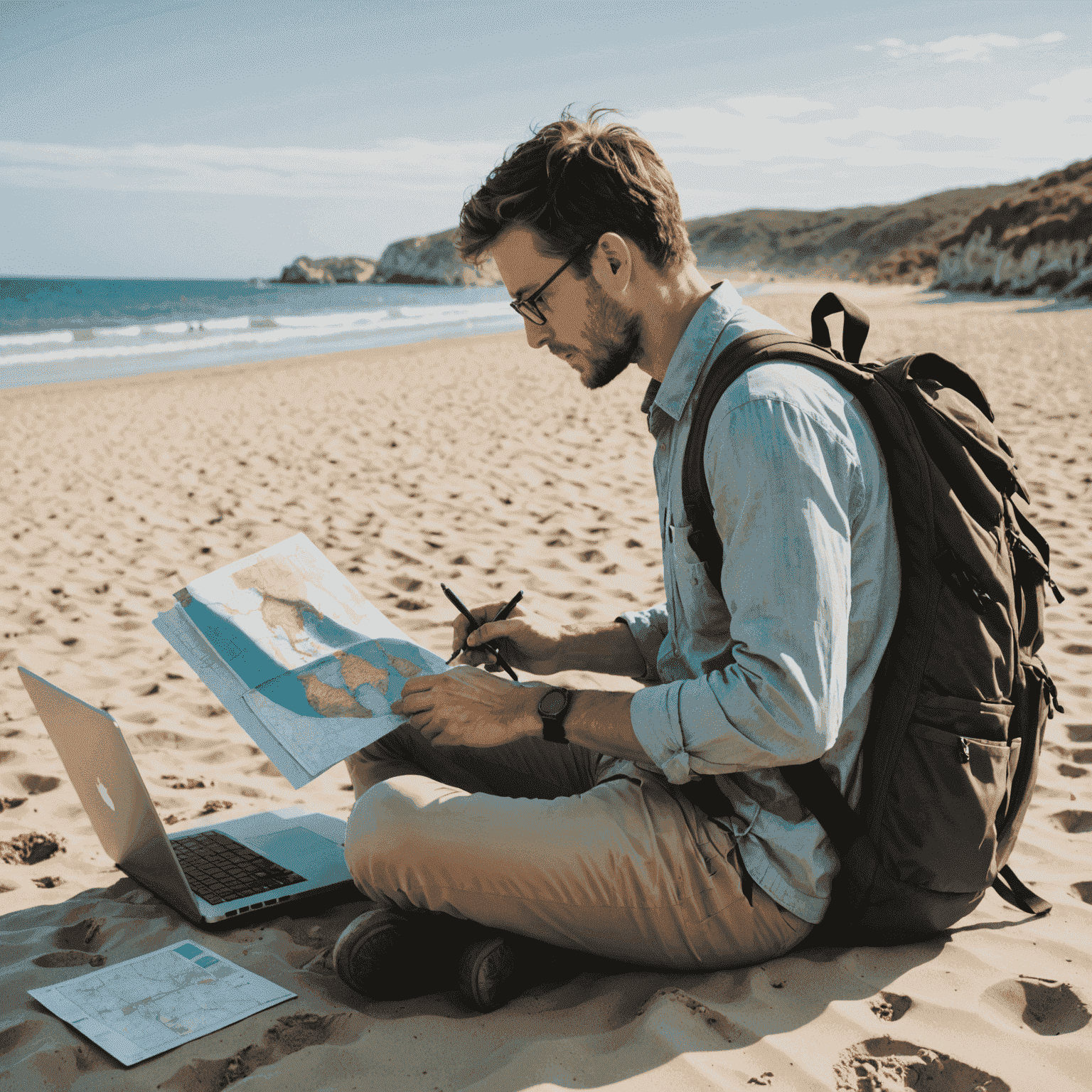 Osoba pracująca na laptopie na plaży, obok plecak i mapa, symbolizujące równowagę między pracą a podróżowaniem