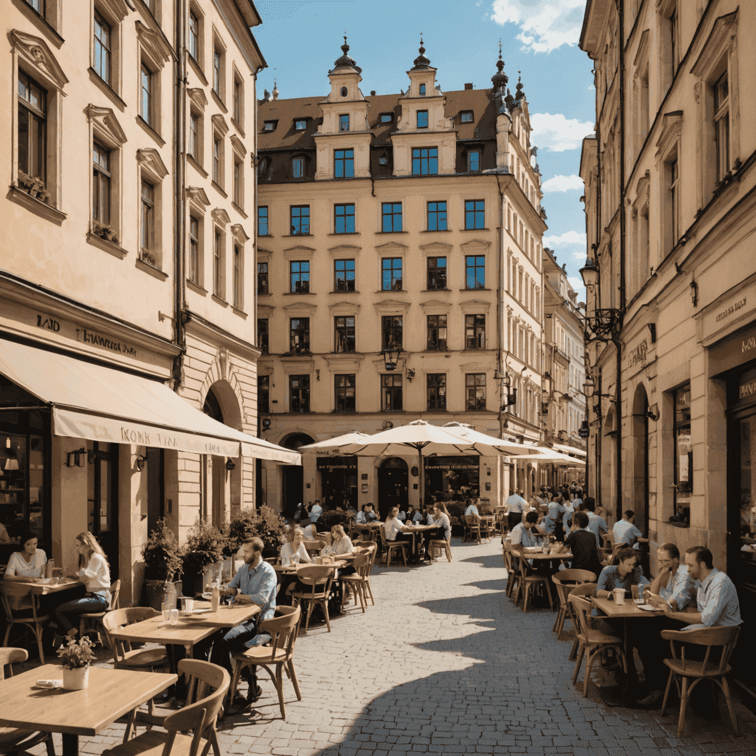 Widok na Rynek Główny w Krakowie z nowoczesnymi kawiarniami i przestrzeniami coworkingowymi w zabytkowych kamienicach